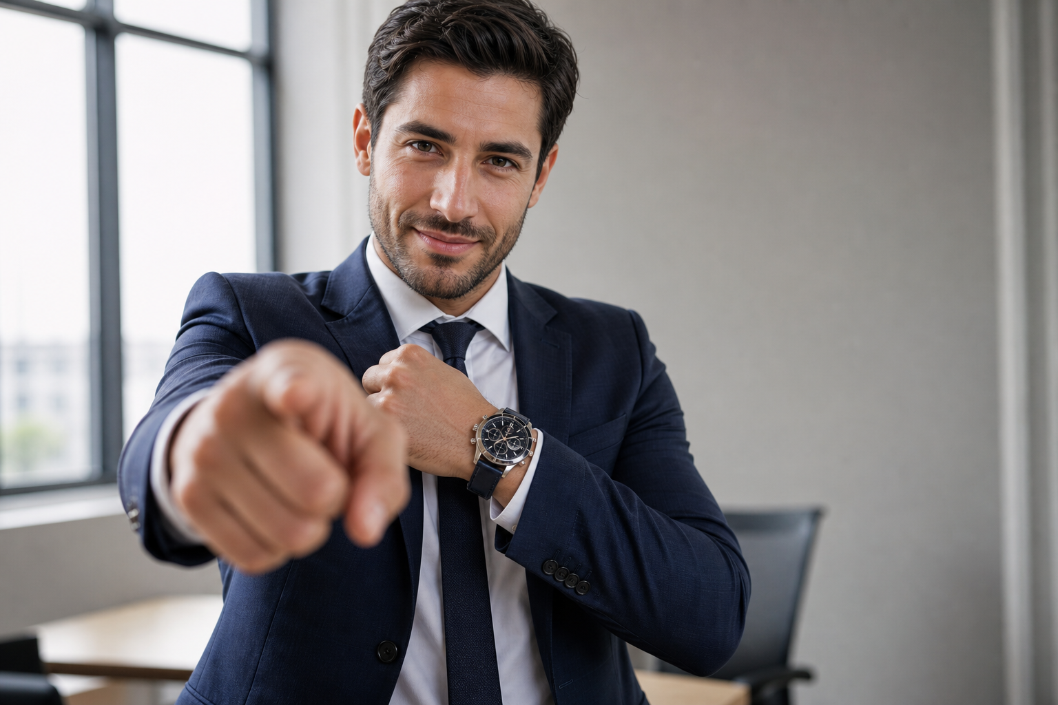 Accountant Showing Off Watch at Computer Screen