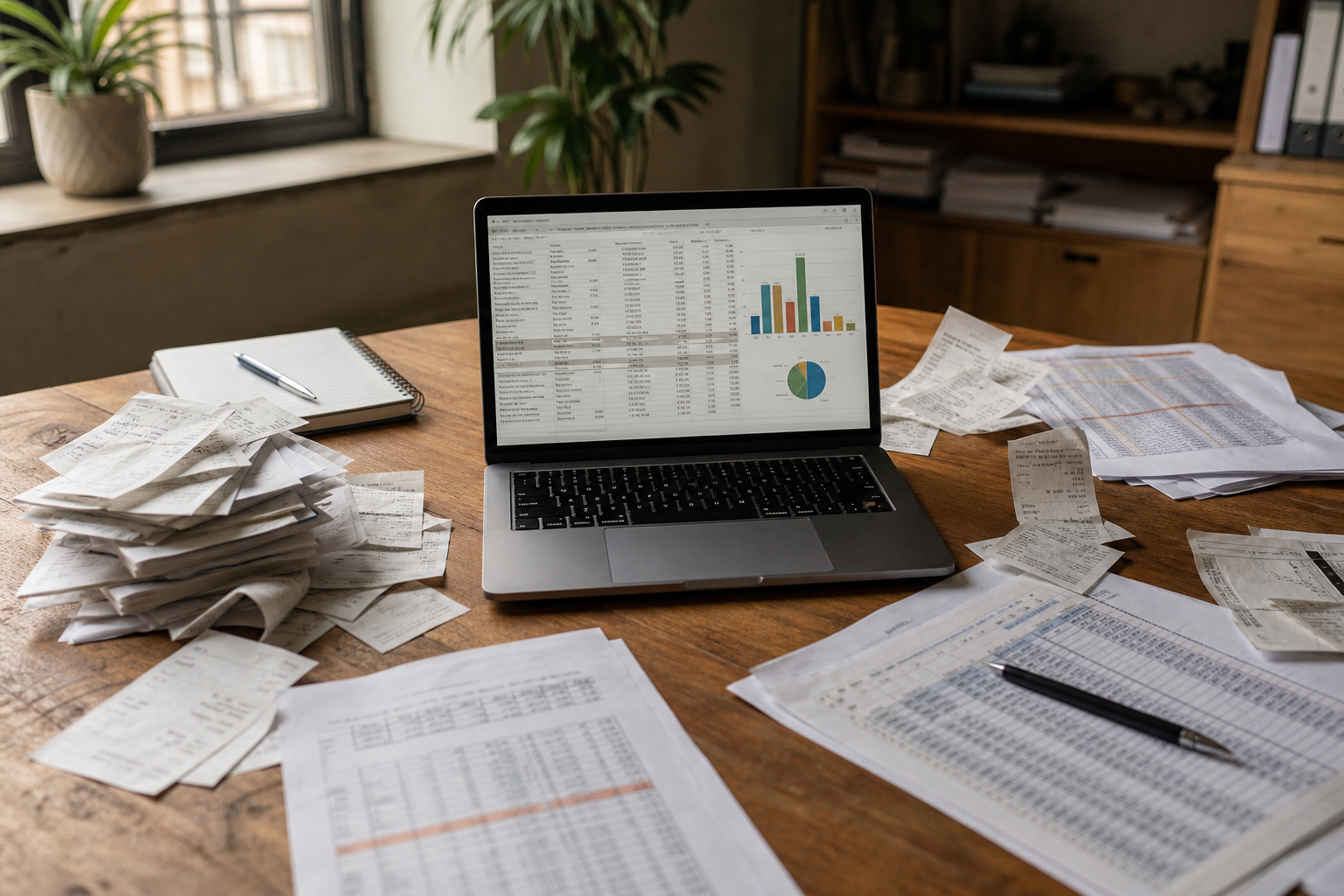 Laptop With Receipts and Spreadsheets Around