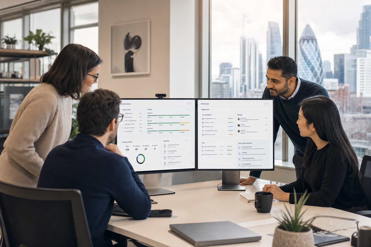 Modern Accountancy Office with Integrated Dashboard and London Skyline