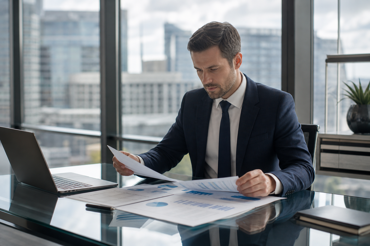Modern Accountant Reviewing Quarterly Reports