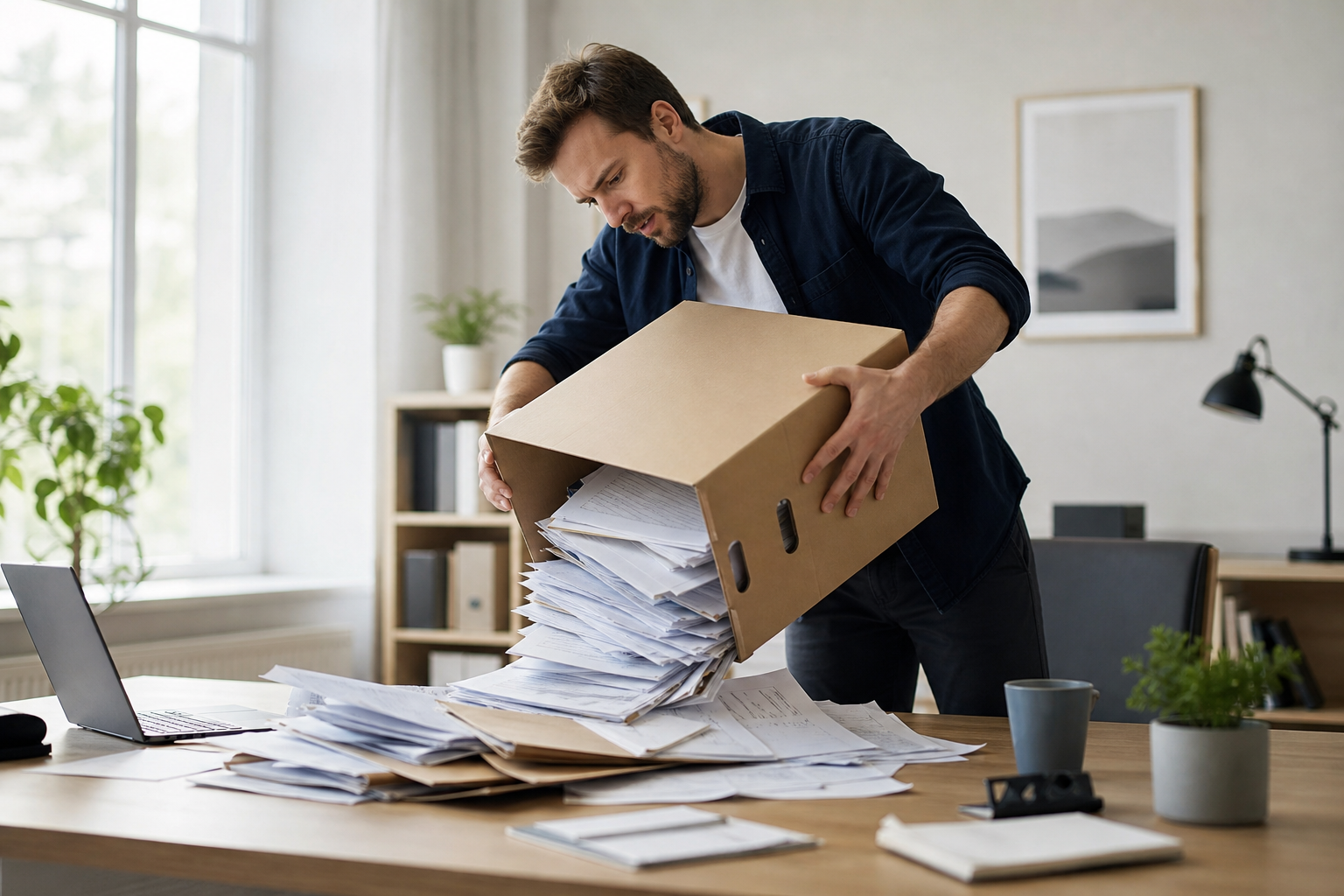 Person Tipping Cardboard Box Over Desk