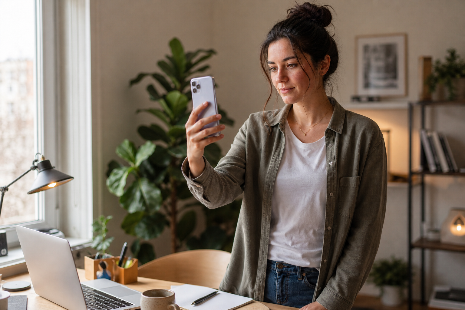 Person Verifying Identity in Home Office Selfie Mode