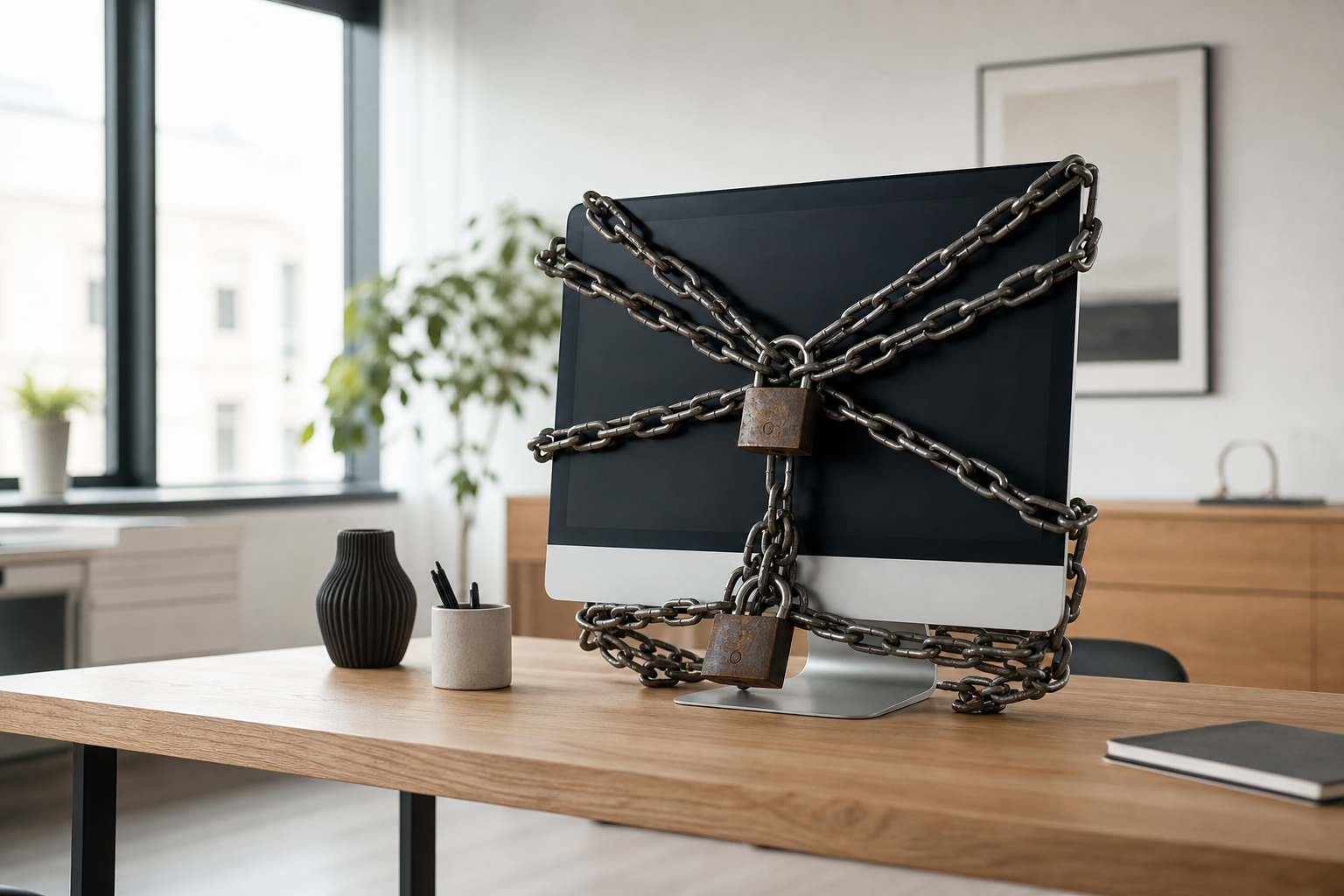 Scandi Office Desktop Wrapped in Chains and Padlocks