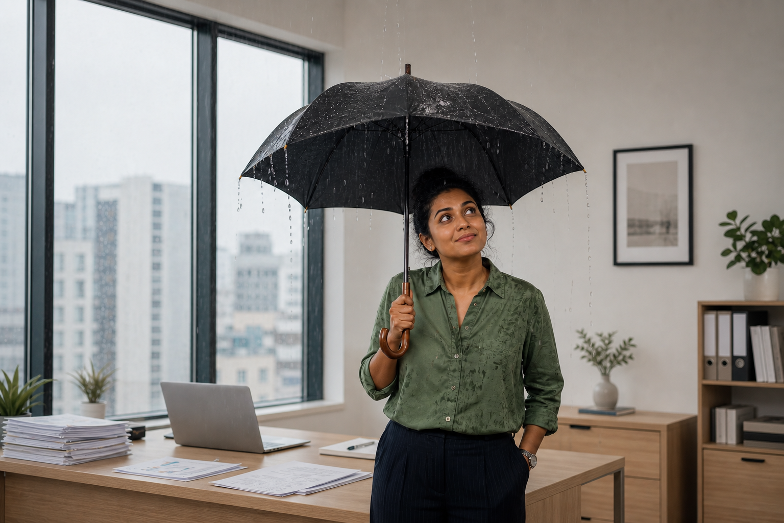 Scandi Office with Umbrella During Rain
