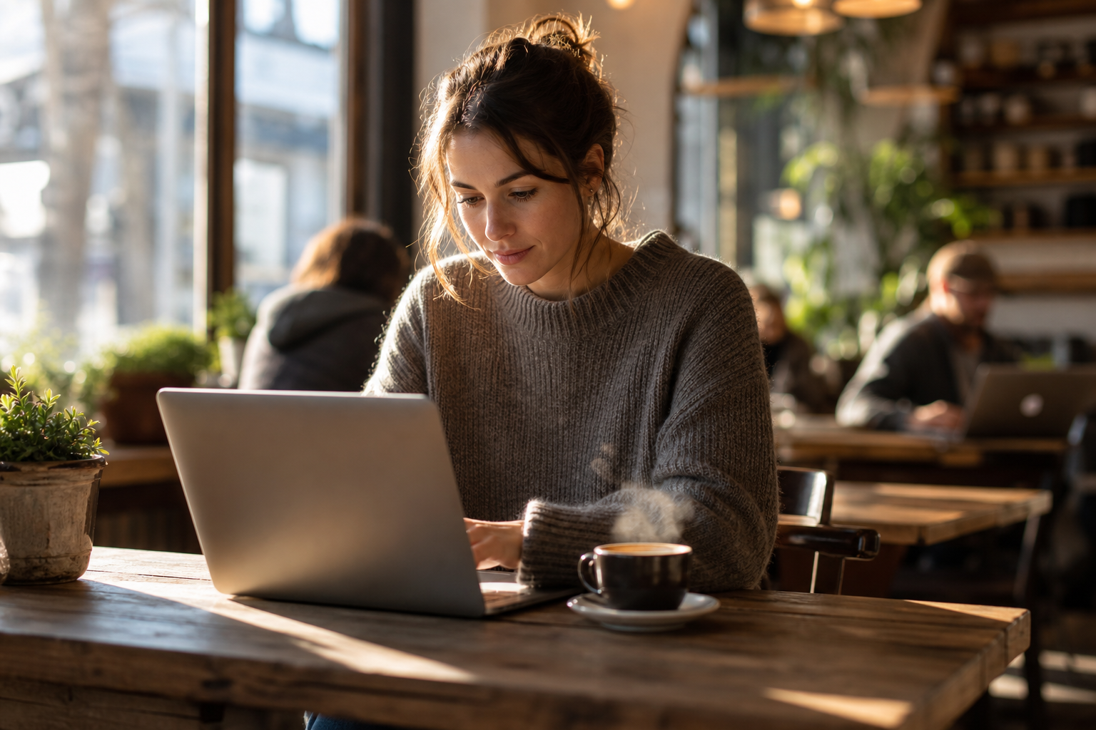 Woman Working at Coffee Shop on Laptop