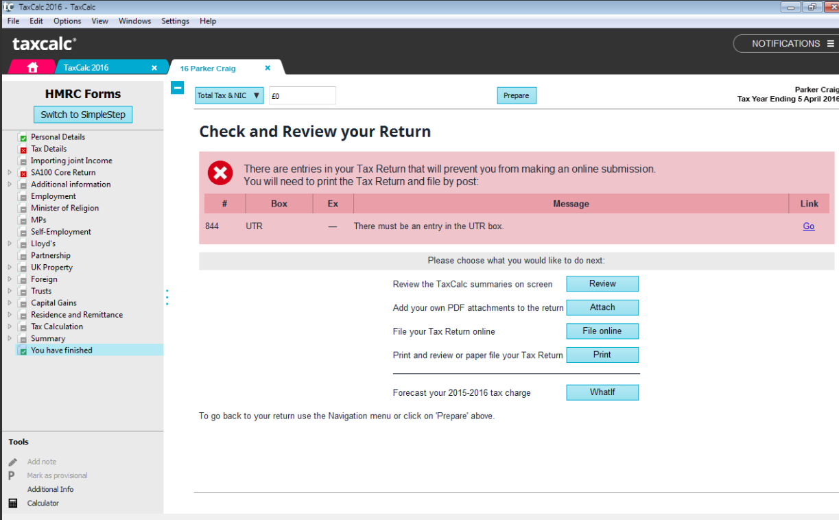 Check and Finish Individual - TaxCal